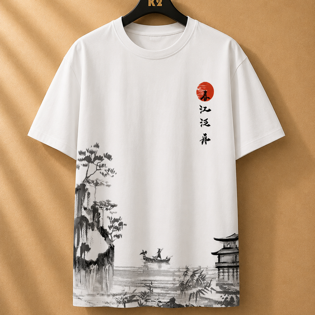 White t-shirt with black and red artwork on a hanger against a beige background