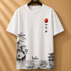 White t-shirt with black and red artwork on a hanger against a beige background