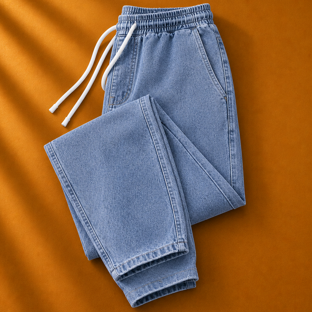 Folded blue jeans on an orange background