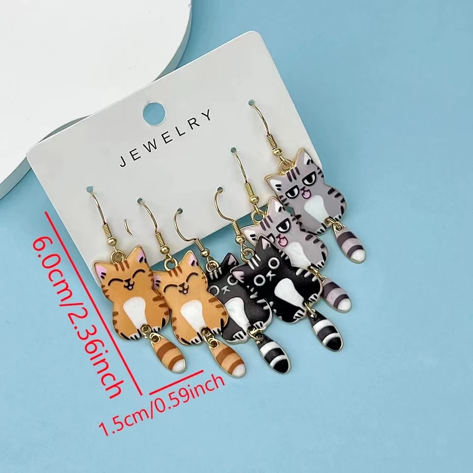 3 Pairs Cat Dangle Earrings