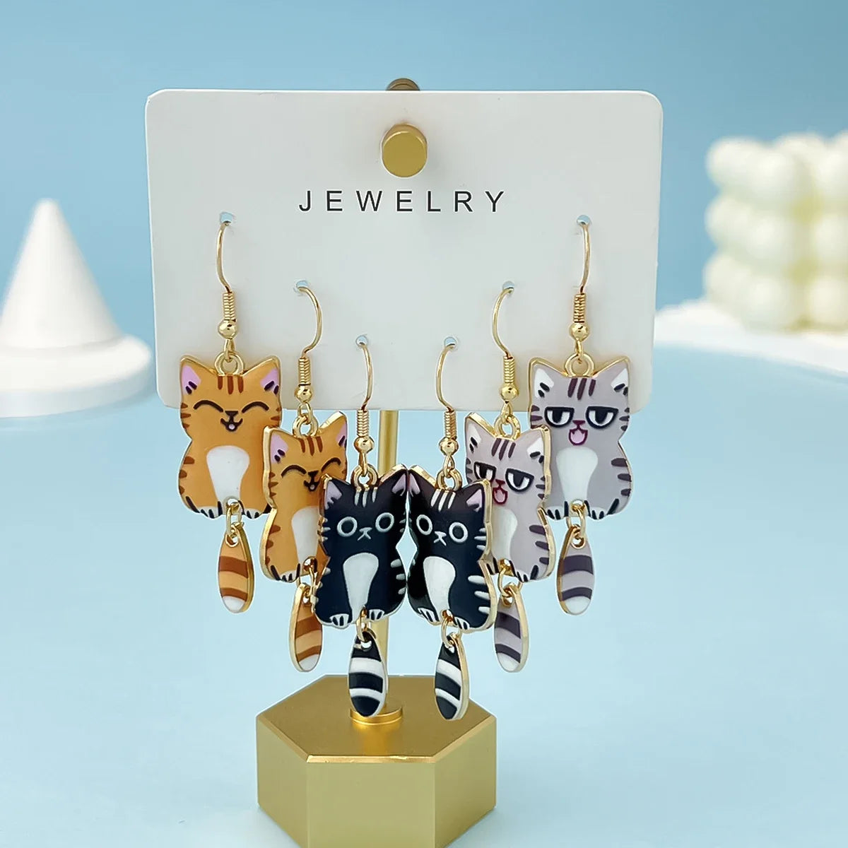 3 Pairs Cat Dangle Earrings