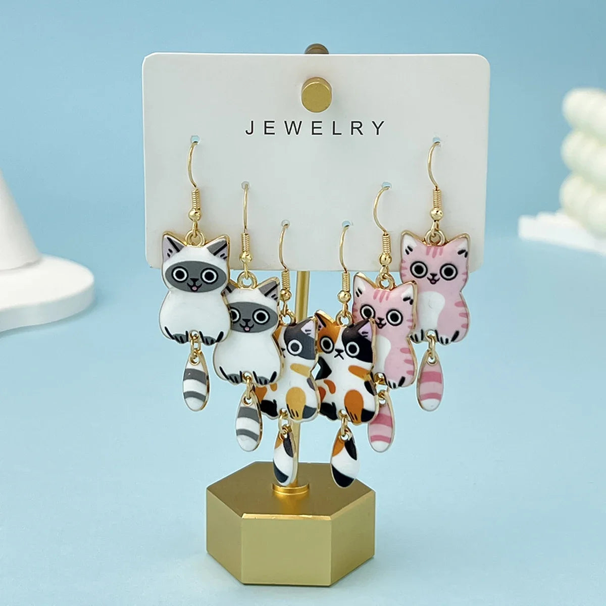 3 Pairs Cat Dangle Earrings