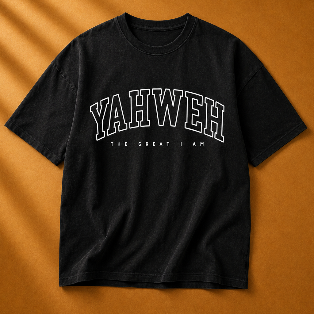 Black t-shirt with 'YAHWEH THE GREAT I AM' text on a brown background