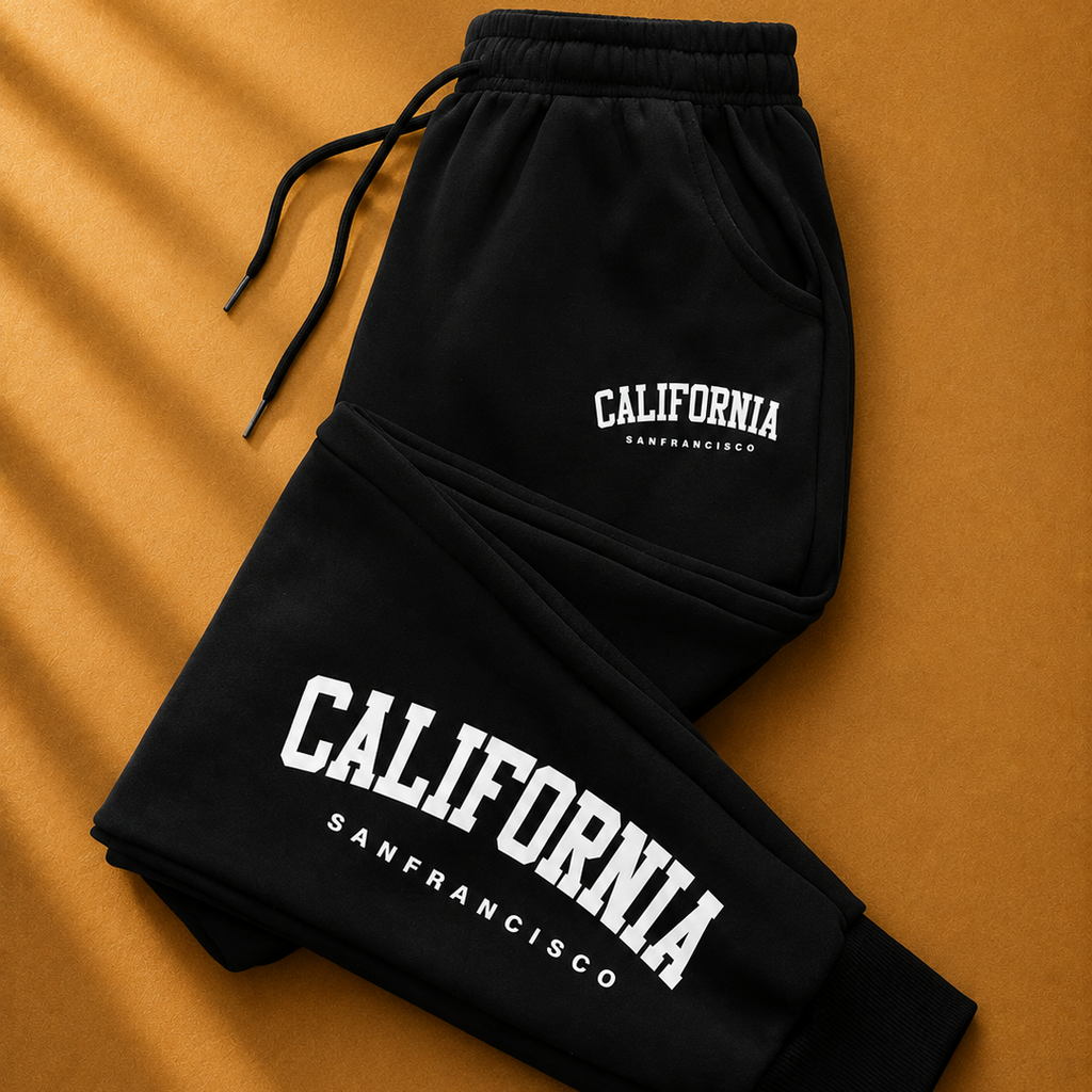 Black sweatpants with 'California San Francisco' text on a mustard yellow background