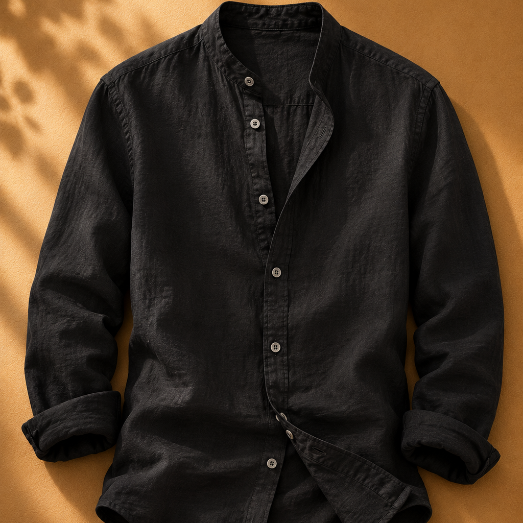 Black button-up shirt on a brown background