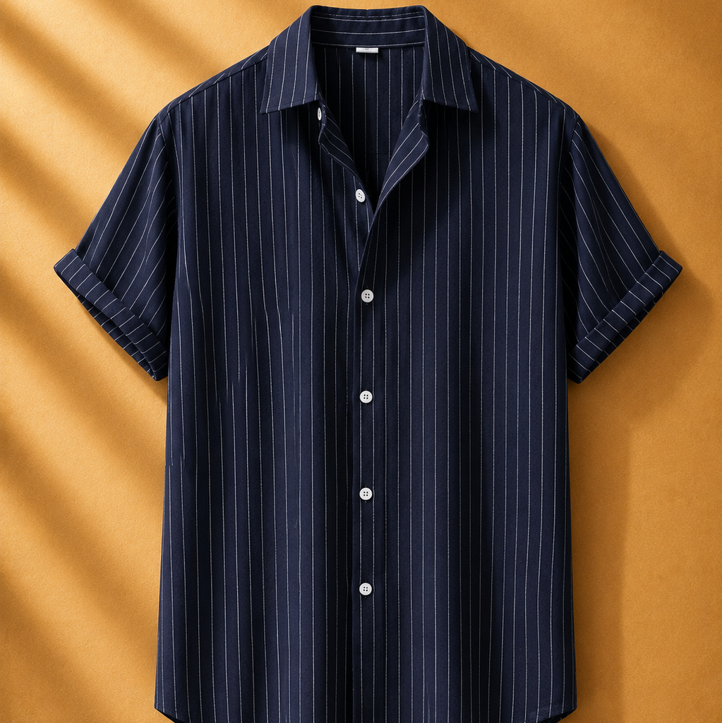 Navy striped shirt on a mustard yellow background